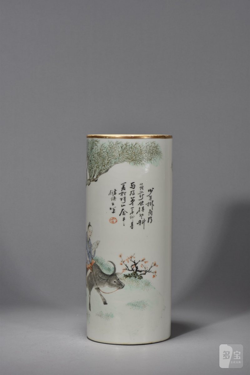 清光绪 储焕文浅绛彩花鸟帽筒 - 图4